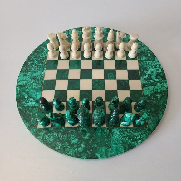 Malachite Chess Board & Pieces Hand Carved Made in Africa 9 Inches - Picture 1 of 8
